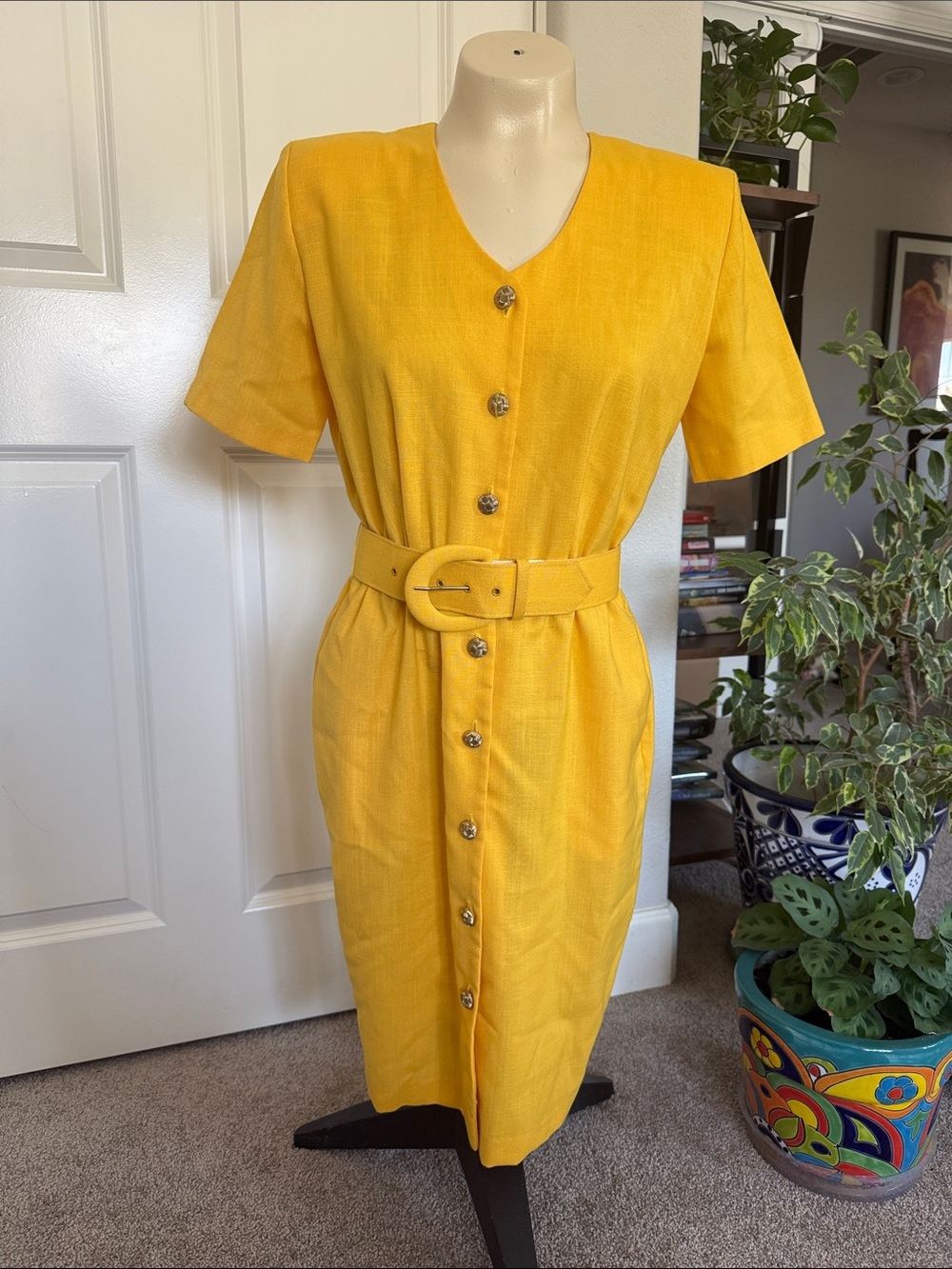 80s Vintage Bright Yellow Button-Front Belted Mini Dress